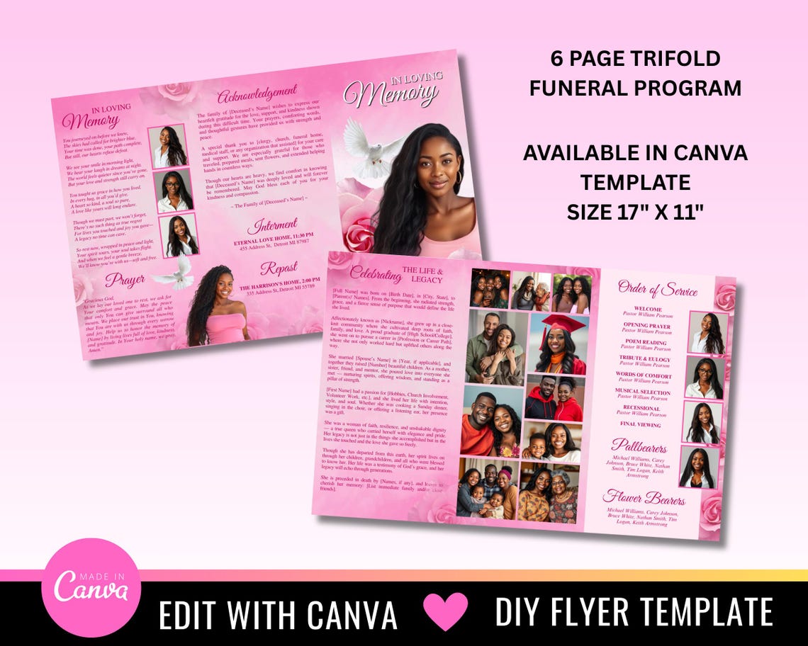 Pink Roses Funeral Program Template, Celebration of Life (canva ...