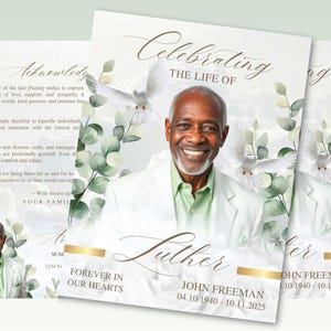 May include: A memorial card design featuring a portrait of a smiling man in a white suit and green shirt. The card includes the text "Celebrating the Life of Luther" and the dates 04.10.1940 - 10.11.2025. Doves and foliage are used as decorative elements.