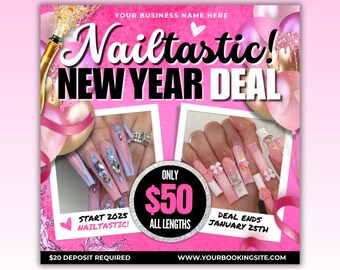 Pink New Year Nail Sale Flyer, New Year Nail Special Deal, January Booking Flyer, January Books Open Nail Tech Appointments Hair Lash Makeup