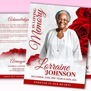 Red Roses Funeral Program Template: 8-Page Memorial Bifold Booklet (Canva Template)