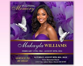 Purple Floral Funeral Announcement Flyer, Funeral Invitation, Digital Funeral Announcement, Obituary, Celebration Of Life, In Loving Memory