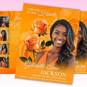Puede incluir: Tarjetas conmemorativas con fondo naranja, que presentan a una mujer sonriente, rosas naranjas y el texto "Forever in Our Hearts". Las tarjetas incluyen el nombre "Gabrielle Anne Jackson" y fechas.