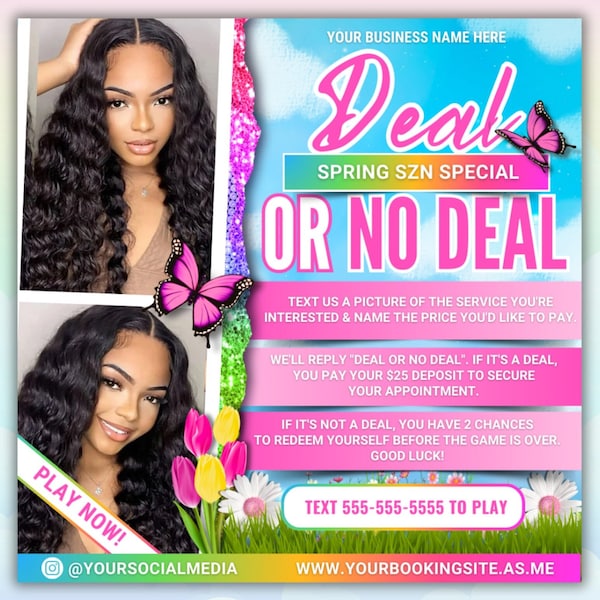 Spring Deal Or No Deal Flyer, Spring Booking Flyer, March April May Bookings,Spring Deal Game, Hair Braids Lashes Wigs Nails Makeup Special