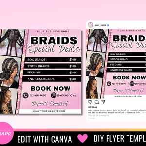 Pu&ograve; includere: Volantino rosa e nero che pubblicizza stili di trecce con prezzi. Il volantino include foto di donne con diversi tipi di trecce e il testo "BRAIDS Special Deals".