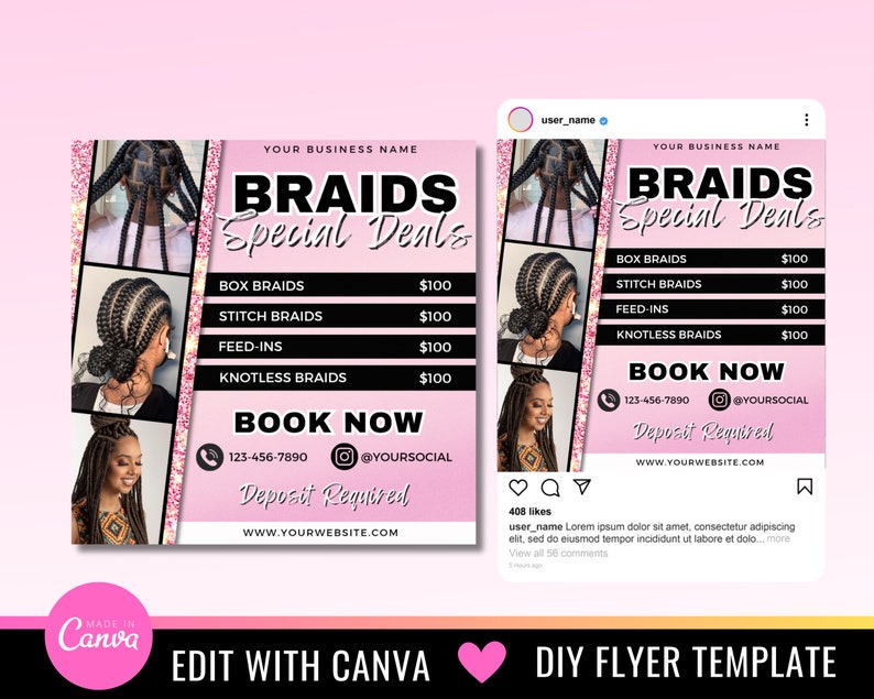 Pu&ograve; includere: Volantino rosa e nero che pubblicizza stili di trecce con prezzi. Il volantino include foto di donne con diversi tipi di trecce e il testo "BRAIDS Special Deals".