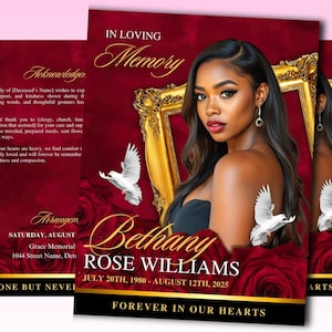 8 Page Red Roses Gold Funeral Program, 17&quot; x 11&quot; Obituary Program Template, Memorial Program, Celebration Of Life Program In Loving Memory