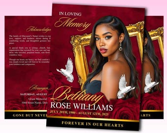 Szablon programu pogrzebowego Red Roses Gold: Elegancki pomnik (szablon Canva)