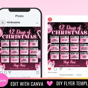 May include: Pink and black Instagram post template for a 12 Days of Christmas sale. The template features a black background with pink snowflakes and candy canes. The text "12 Days of Christmas" is in a pink font. The template includes a grid of 12 squares, each with a different offer for each day of December. The offers include free shipping, discounts, and free gifts. The template also includes a "Shop Now" button and a website address.