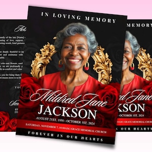 Könnte beinhalten: Gedenkkarten mit einem Porträt von Mildred Jane Jackson, umgeben von roten Rosen und goldenen Verzierungen. Die Karten enthalten Daten, Serviceinformationen und den Satz "Forever in Our Hearts."