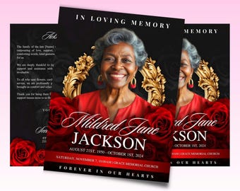 May include: Memorial cards featuring a portrait of Mildred Jane Jackson, framed by red roses and gold accents. The cards include dates, memorial service details, and the phrase "Forever in Our Hearts."