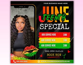 May include: A promotional flyer with a woman's image, advertising a "Juneteenth Special." The flyer features text in red, yellow, and green, with the words "June Teenth Special." It includes a phone number, website, and the phrase "Book Now."