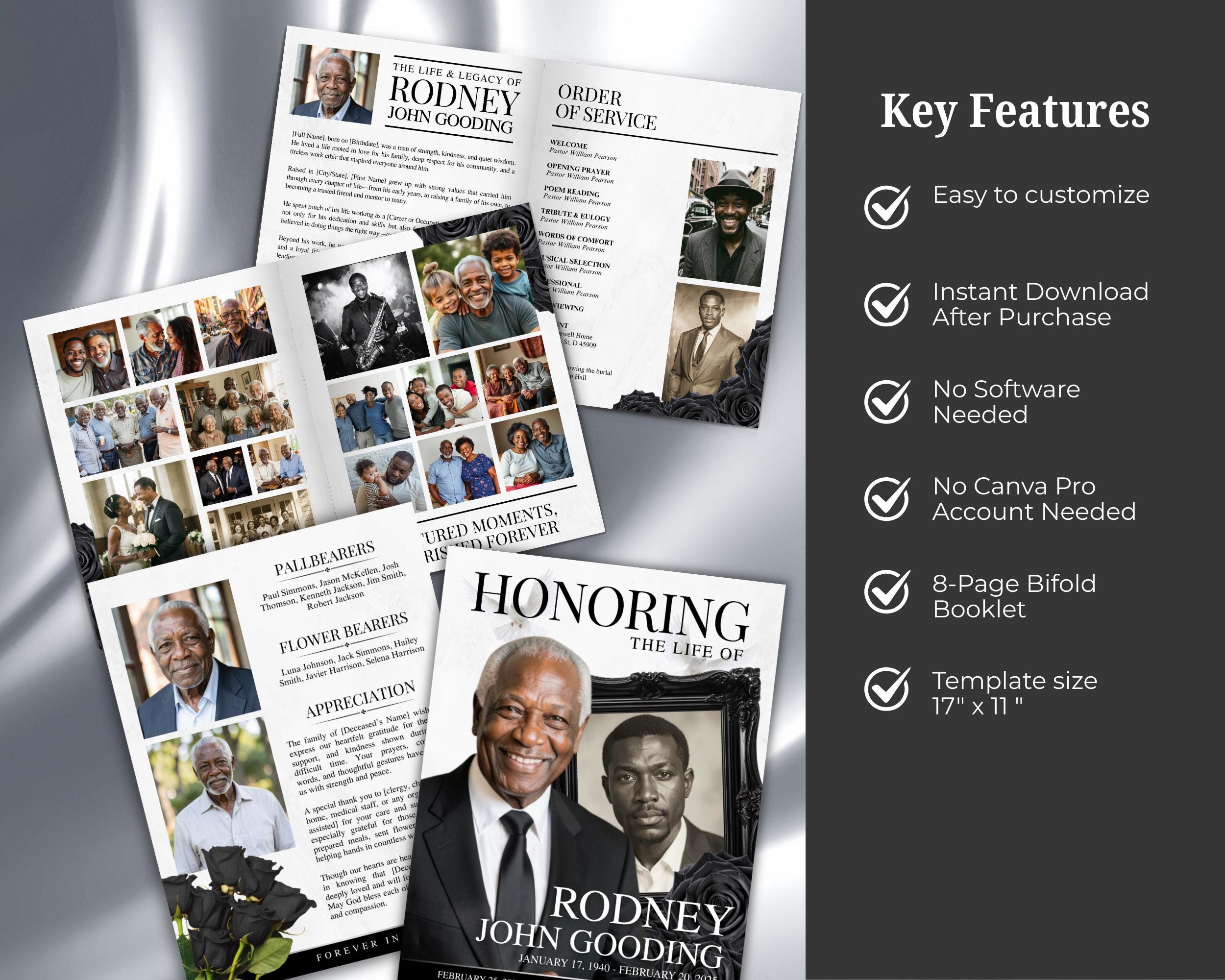 Black & White Funeral Program Template, Minimalist 8 Page Memorial