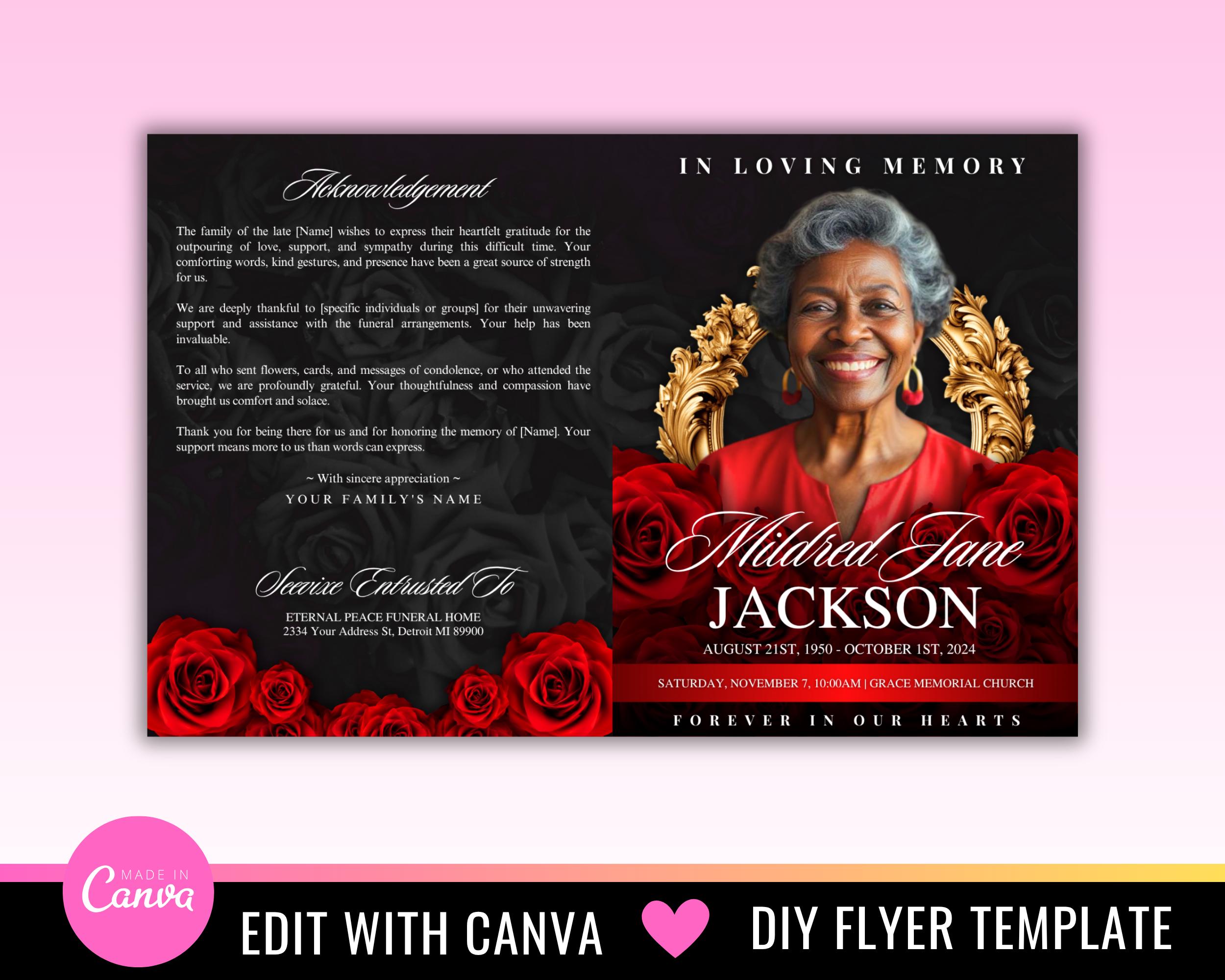 Black & Red Roses Funeral Program Template: 8-page Memorial (canva ...