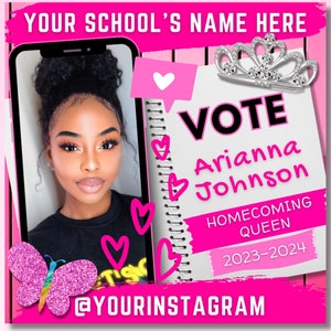 Vote Homecoming Queen Flyer, Class President Student Council Campaign Flyer, High School College Homecoming, Miss Junior Senior Maid Flyer
