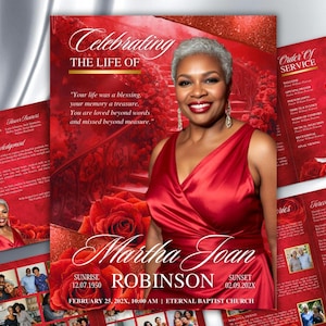 Peut inclure: Un programme de service commémoratif rouge et or. La couverture présente une photo d'une femme en robe rouge, le texte "Celebrating The Life Of Martha Joan Robinson" et les dates 12.07.1950 - 02.09.202X.