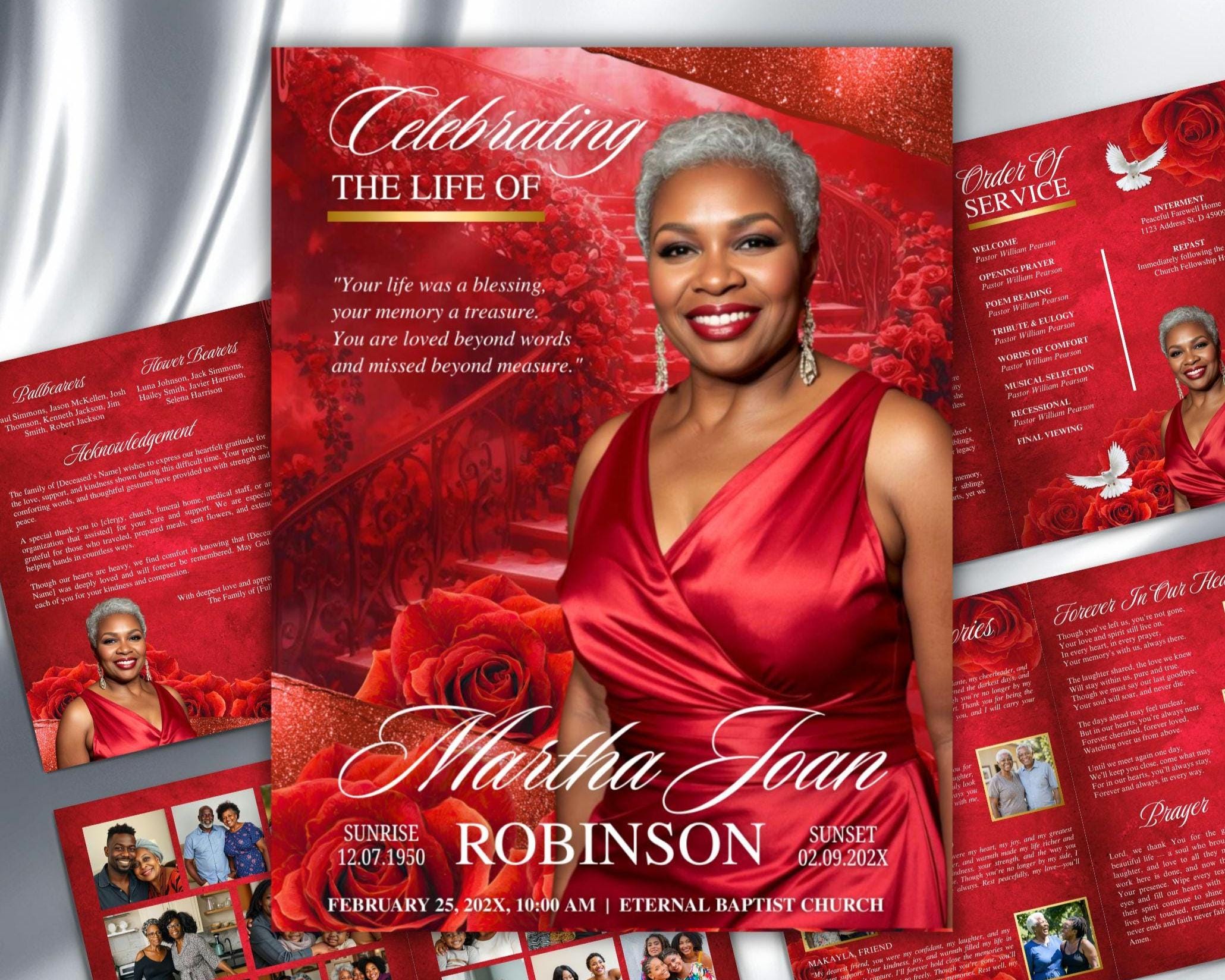 Red Roses With Gold Funeral Program Template, Memorial Order of Service ...