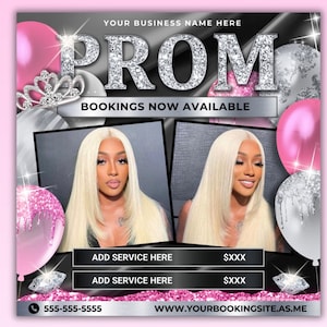 Prom Booking Flyer, Prom Makeup Artist MUA Lash Nails Wig Installs Hair
