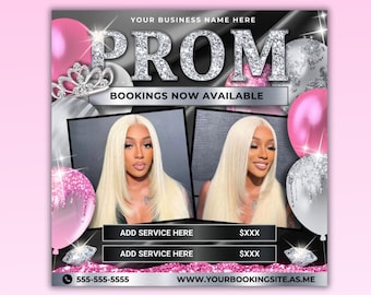 Prom Booking Flyer: MUA, Lash, Nails, Hair (Canva Template)