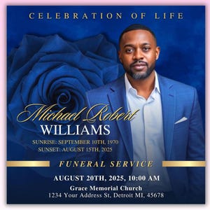 Folleto de anuncio funerario azul real, invitación funeraria, anuncio funerario digital para hombres, obituario de celebración de la vida, en memoria amorosa