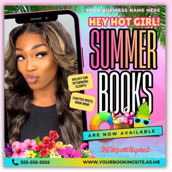 Summer Booking Flyer, Summer Break, Summer Special,  Summer Appointments Books Open June July August Hair Braids Lash Nails Makeup Wig Wax