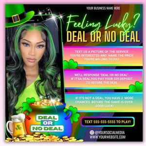 Deal Or No Deal Flyer, March Booking Flyer, March Books Open, St Patricks Day Special, March Madness, Hair Braids Lashes Makeup Nails Wigs