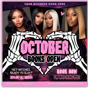 Può includere: Grafica rosa e nera con il testo "OCTOBER BOOKS OPEN" a forma di cuore formato da due mani scheletriche. Il testo "HEY WITCHES, READY TO SLAY? 30% OFF ALL MONTH 25€ DEPOSIT REQUIRED BOOK NOW I'M WATCHING YOU! WWW.YOURBOOKINGSITE.COM" è incluso.