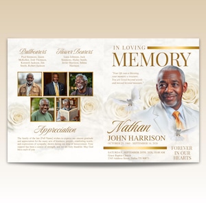 May include: A memorial service program featuring a portrait of a man in a white suit and orange tie. The program includes the text "In Loving Memory" and the name "Nathan John Harrison". It also features photos of other people and white roses.