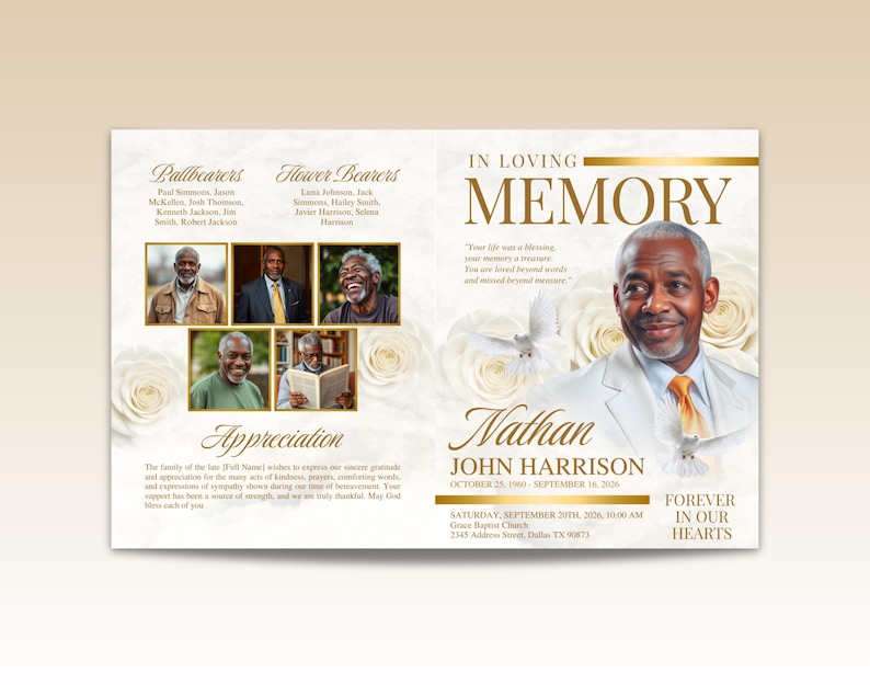 May include: A memorial service program featuring a portrait of a man in a white suit and orange tie. The program includes the text "In Loving Memory" and the name "Nathan John Harrison". It also features photos of other people and white roses.