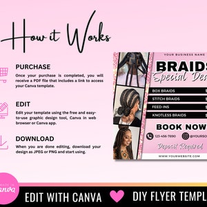 Pu&ograve; includere: Un modello di volantino rosa e nero per un salone di trecce. Il volantino presenta un collage di foto di donne con diversi stili di trecce. Il testo sul volantino recita "Braids Special Deals" e elenca i prezzi per le trecce a scatola, le trecce a punto, le trecce a feed-in e le trecce senza nodi. Il volantino include anche un numero di telefono, un handle di social media e un indirizzo del sito web.
