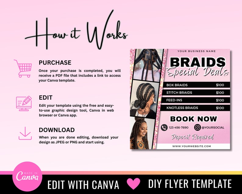 Pu&ograve; includere: Un modello di volantino rosa e nero per un salone di trecce. Il volantino presenta un collage di foto di donne con diversi stili di trecce. Il testo sul volantino recita "Braids Special Deals" e elenca i prezzi per le trecce a scatola, le trecce a punto, le trecce a feed-in e le trecce senza nodi. Il volantino include anche un numero di telefono, un handle di social media e un indirizzo del sito web.