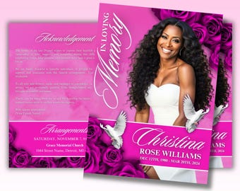 Pink Roses Funeral Program Template: 8-Page Celebration Of Life Bifold Booklet (Digital Download)