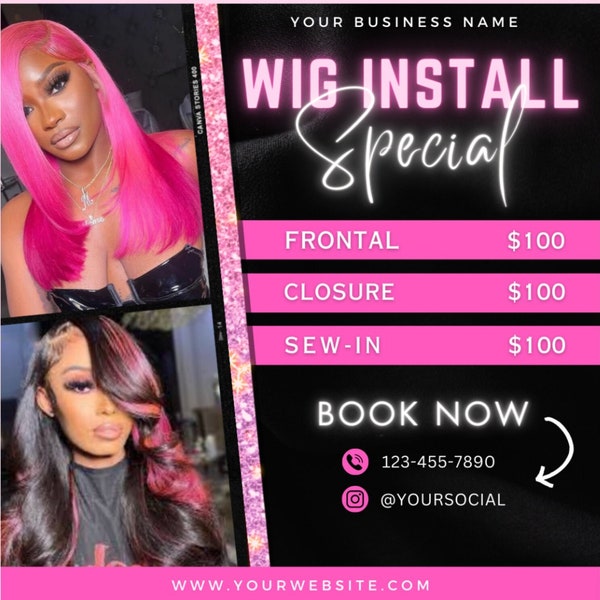 Wig Install Special Flash Sale Flyer Template,  Price List, Wig Instagram Social Media Post, Bookings Appointments Hair Stylist Salon Flyer