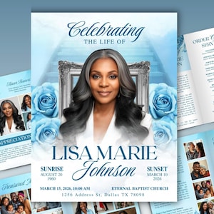 Può includere: Un programma per la cerimonia commemorativa con un ritratto di Lisa Marie Johnson, circondato da rose blu. Il programma include i dettagli della sua vita, comprese le date di nascita e di morte, e il luogo del servizio.