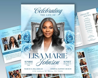 Light Blue Roses Funeral Program Template: Celebration of Life (Canva)
