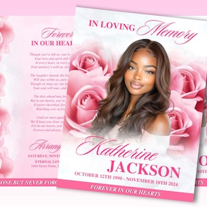 8 Page Pink Roses White Funeral Program, 17&quot; X 11&quot; Obituary Program Template, Memorial Program, Celebration Of Life Program In Loving Memory