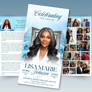 Op de afbeelding: Een herdenkingsdienstprogramma met een portret van Lisa Marie Johnson, omringd door blauwe rozen en een decoratieve lijst. Het programma bevat de tekst "Celebrating the Life of Lisa Marie Johnson", samen met data en locatiegegevens.