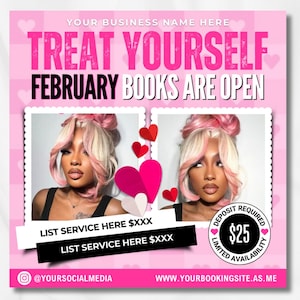 February Booking Flyer, Books Open, Valentine's Day Booking, Appointment Flyer, Valentine's Special Hair Braids Nails Makeup Lashes Wigs