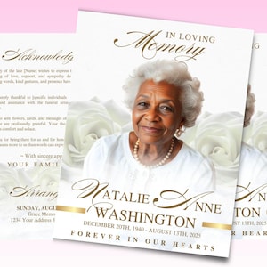 8 Page White Gold Funeral Program, 17 x 11 Obituary Program Template Women, Memorial Program, Celebration Of Life Program, In Loving Memory