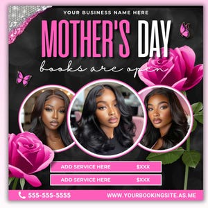 Boekingsflyer voor Moederdag, speciale flyer voor Moederdag, boekingsflyer voor mei, Boeken voor mei Open afspraken Haarvlechten Make-up Nagels Wimper Pruiken Inzet
