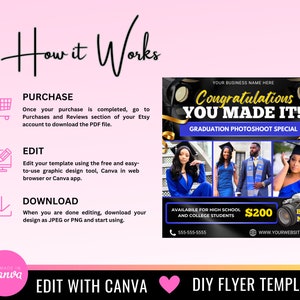 May include: A black and gold flyer template for a graduation photoshoot special. The flyer features a photo collage of three graduates wearing blue and black graduation gowns. The text on the flyer reads "Congratulations You Made It!" and "Graduation Photoshoot Special".