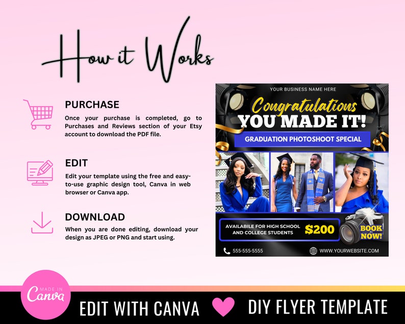 May include: A black and gold flyer template for a graduation photoshoot special. The flyer features a photo collage of three graduates wearing blue and black graduation gowns. The text on the flyer reads "Congratulations You Made It!" and "Graduation Photoshoot Special".