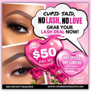 Folleto de venta de pestañas para San Valentín. Oferta de pestañas para San Valentín, especial de pestañas, folleto de reservas de febrero. Libros de febrero abiertos, reservas para San Valentín.