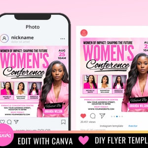 Puede incluir: Plantilla de publicaci&oacute;n de Instagram rosa y blanca para una conferencia de mujeres. La plantilla presenta una foto de una mujer con una chaqueta rosa, el texto "Conferencia de mujeres" y la fecha y hora del evento. La plantilla tambi&eacute;n incluye una llamada a la acci&oacute;n para registrarse hoy.
