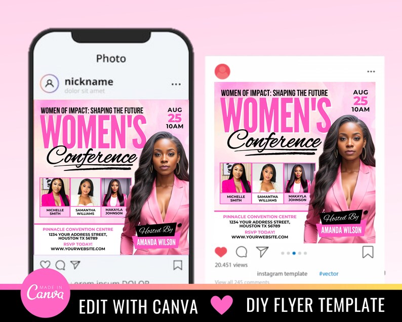 Puede incluir: Plantilla de publicaci&oacute;n de Instagram rosa y blanca para una conferencia de mujeres. La plantilla presenta una foto de una mujer con una chaqueta rosa, el texto "Conferencia de mujeres" y la fecha y hora del evento. La plantilla tambi&eacute;n incluye una llamada a la acci&oacute;n para registrarse hoy.