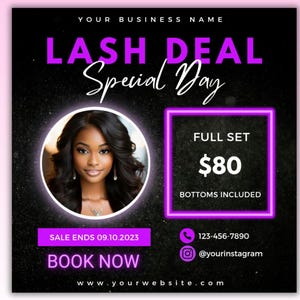 Lash Flyer, Lash Special Sale Flyer, Lash Deal Flyer, Lash Flash Sale Flyer, Lashes Extensions Lash Tech Eyelash Social Media Canva Template