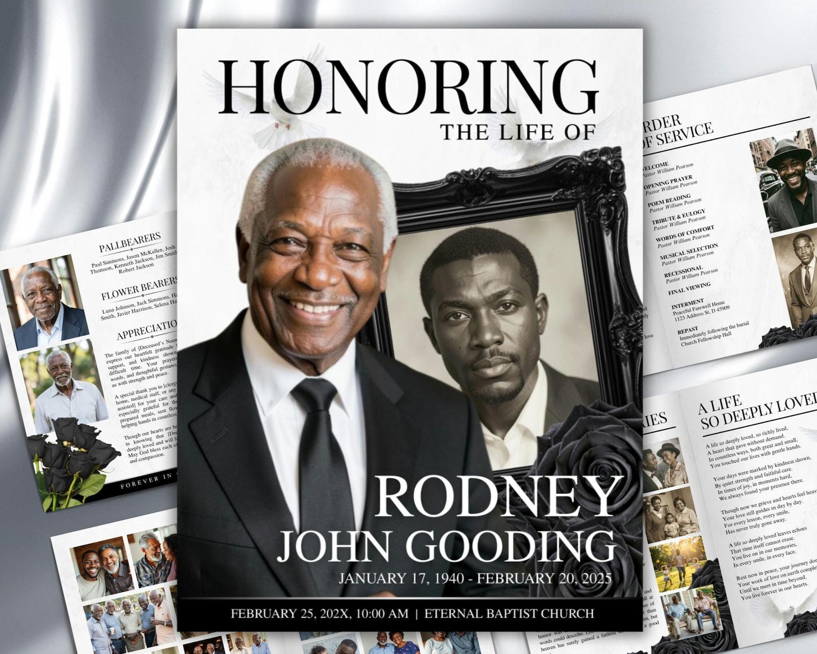 Black & White Funeral Program Template, Minimalist 8 Page Memorial