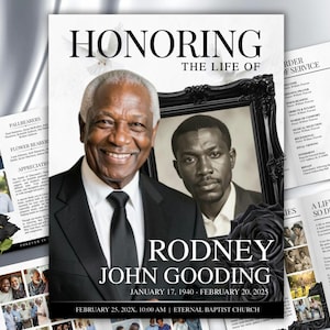 Puede incluir: Un programa de servicio conmemorativo con el texto "HONORANDO LA VIDA DE RODNEY JOHN GOODING". El programa presenta un retrato de un hombre sonriente con traje, una foto enmarcada y fotos adicionales. La fecha del servicio es el 25 de febrero de 202X, 10:00 AM.