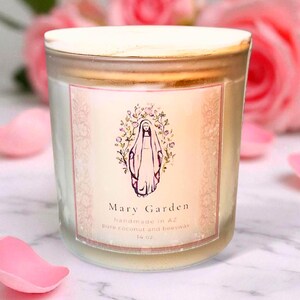 Scented Candle Mary themed Floral Scented beeswax Catholic handmade gift Marian Candle MARY GARDEN all natural Triple-Wick glass jar