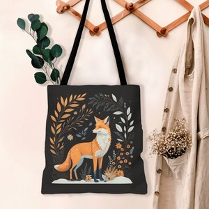 Floral Fox Cottagecore Tote Bag, Fairycore Botanical Shopper, Forestcore Goblincore Reusable Bag, Forest Animal Tote, Boho Style Cute Bag