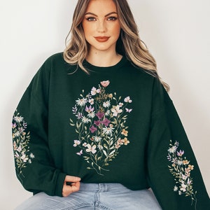 Cottagecore Pressed Flower Sweatshirt, Fairycore Floral Sweater, Garden Lover Wildflower Crewneck, Sleeve Print Sweatshirt